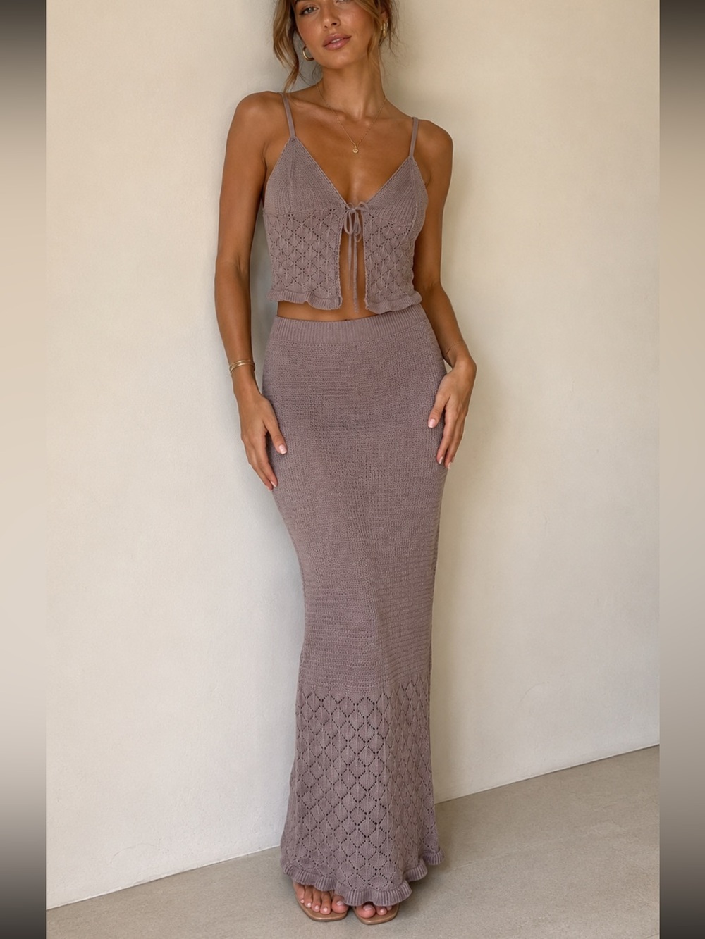 NWT Olive Oak Tan Crochet 2-Piece Set Knit Crop Tie-Front Tank &‎ Maxi Skirt (L)